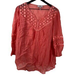 Mac Dougal & Houston Top Women's Pink Sz XL  Crochet Crinkle Boho Resort Peasant